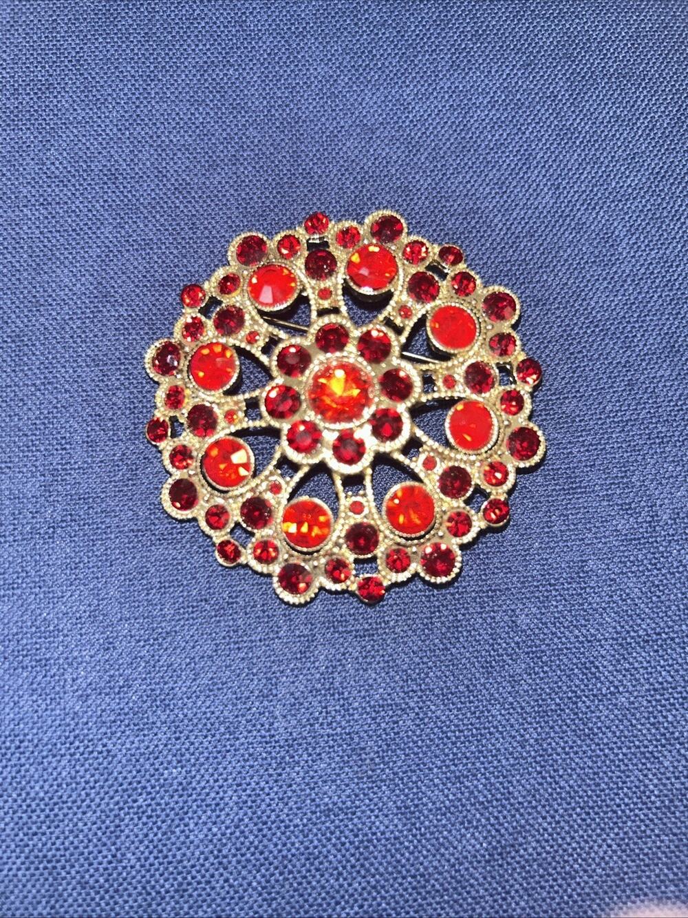 Monet Vintage Lovely Red Rhinestone Gold Tone Brooch